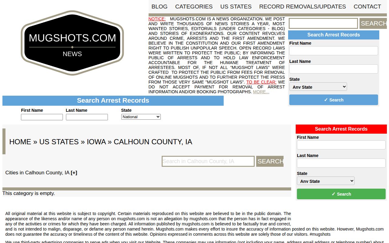 Unofficial Calhoun County mugshot node showing no indexed records
