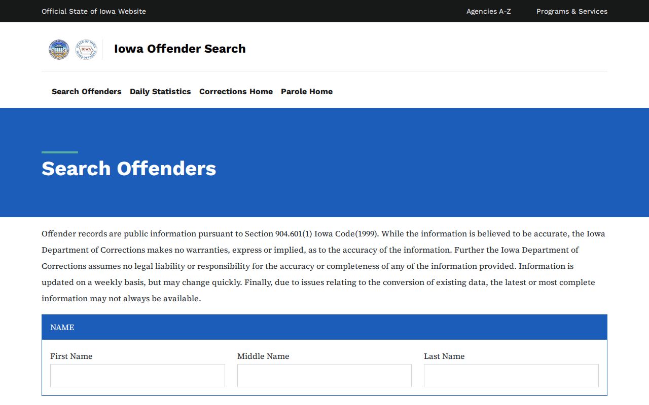 Iowa DOC search form for Calhoun County state correctional records